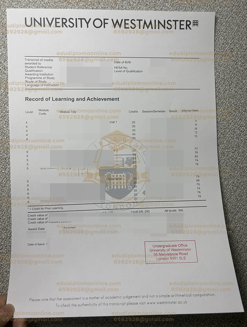 University of Westminster Transcript